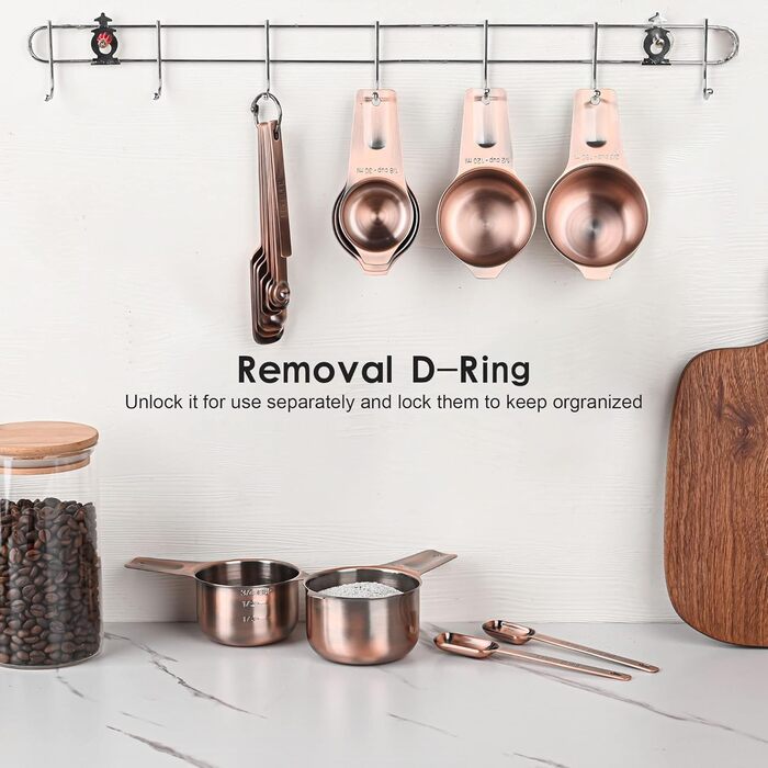 Smithcraft Measuring Cup and Spoon Set, Copper Measuring Cups and Spoons for Dry and Liquid Ingredients, Metric and US Units, 7 Stainless Steel Measuring Cups & 9 Spoons, Leveler and Measurement Equivalents