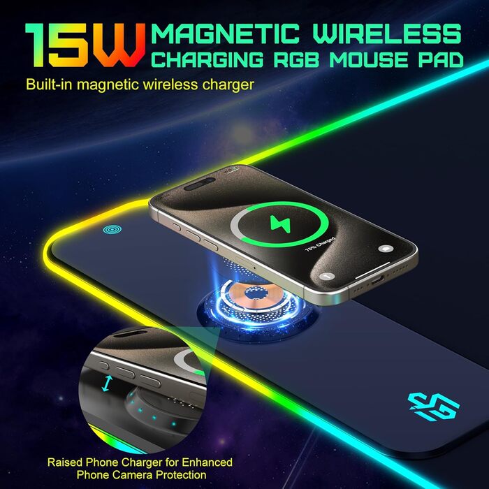 Ігровий килимок для миші RGB з бездротовою зарядкою Qi 15W, 800x350x4мм, 10 режимів підсвічування, швидка зарядка 10W для iPhone та навушників, водонепроникний, протиковзаючий (Чорний-Max)