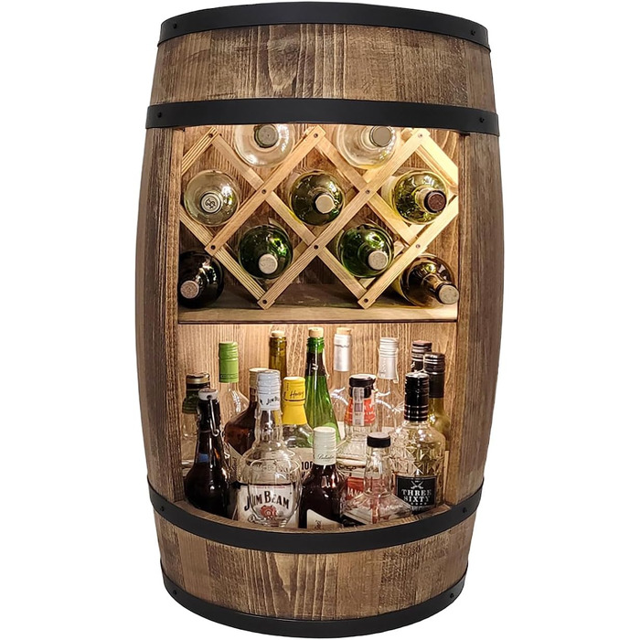 Weeco Freestanding Bar with LED Lighting and Wine Holder. Wine Rack - Wooden Barrel Home Bar 80cm. Rustic Decorative Bar Cabinet Wine Rack – Barrel. Barrel Beer, Wine Bottle Stand - Bar Whiskey Gift (Dark Brown)