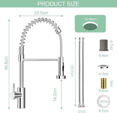 Кухонний змішувач з висувною лійкою, 360° поворот, 2 режими струменя, нержавіюча сталь, хром