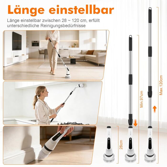 Електрична щітка для прибирання Ibergrif M34104 з 6 насадками, водонепроникна IPX7, з регульованою ручкою для ванної, кухні, підлоги