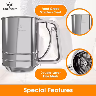 Flour Sifter, 3 Cups, Stainless Steel, Great double-layer sifter for all baking flour and powdered sugar, Flour Sifter