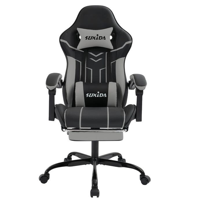 Ігрове крісло SUKIDA Ergonomic Gaming Chair з підставкою для ніг та підтримкою попереку, чорно-сіре