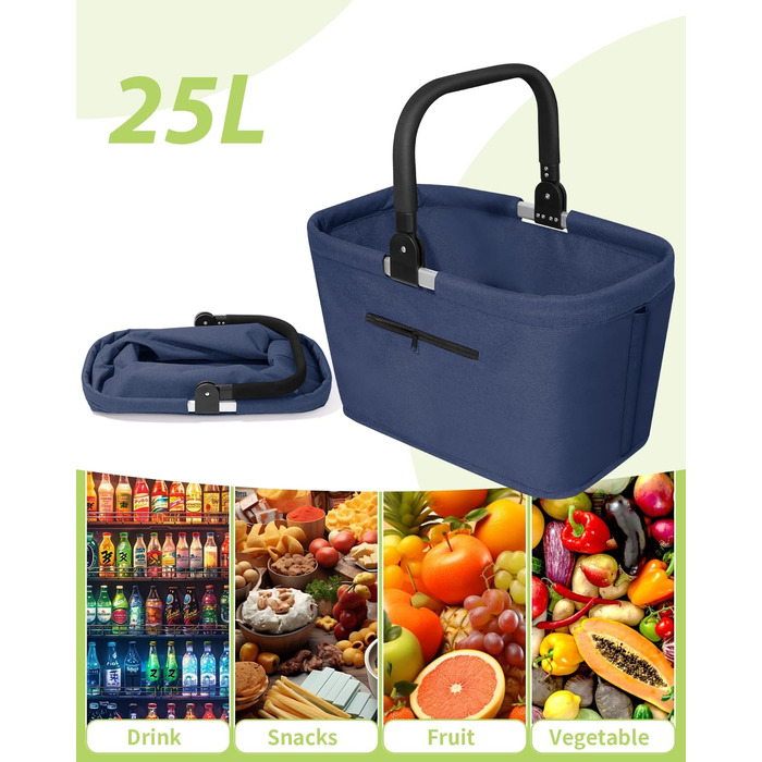Складаний кошик для покупок на 35L з 2 стійкими ручками, сімейний, з алюмінієвим ручним захопленням, водовідштовхуючий, для пікніків, подорожей, кемпінгу та покупок - (Блакитний, 25L (43x27x23cm))