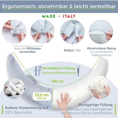 Подушка для вагітних Dilamababy з піною з пам'яті, Floken та волокнами - подушка для годування XXL - подушка для вагітних - багатофункціональна подушка для бокового положення зі 100% бавовняним чохлом для вагітних