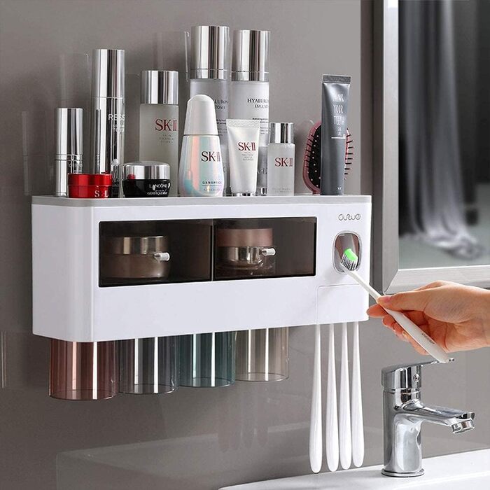 Automatic Toothpaste Dispenser Wall-Mounted with Space-Saving Toothbrush Holder for Bathroom, 2 Transparent Magnetic Cups, 6 Toothbrush Slots, 1 Cosmetic Organizer Drawer (Gray-4 Cups)