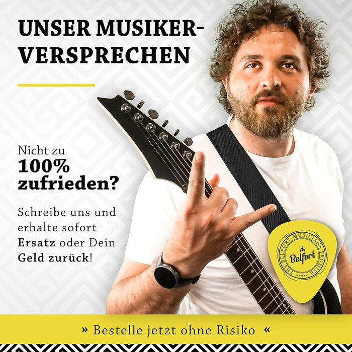 Гітарний ремінь Belfort® для електрогітари, акустичної гітари, класичної гітари, бас-гітари та укулеле. З мікрофібри, з інструкцією (чорний)