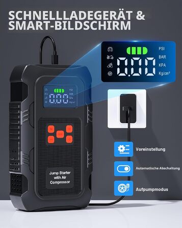 Пусковий пристрій Povasee Jump Starter 9000A з компресором 150 PSI, бустер для авто 12V та Powerbank з ліхтариком (Червоний/Чорний)