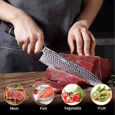 FINDKING Eternity Series Japanese Chef's Knife with ABS Sheath, Professional Kitchen Knife, 9Cr18MoV Damascus Steel Blade, Resin Octagonal Handle, Sharp, for Cutting Meat, 8 Inch/21CM