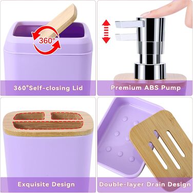 Набір аксесуарів для ванної кімнати, 9 предметів: смітник, тримач для зубних щіток, стакан для зубних щіток, дозатор для мила/лосьйону, тумбочка під раковину, мильниця, щітка для унітазу, тримач для ватних паличок (світло-фіолетовий), комплект: штора для 