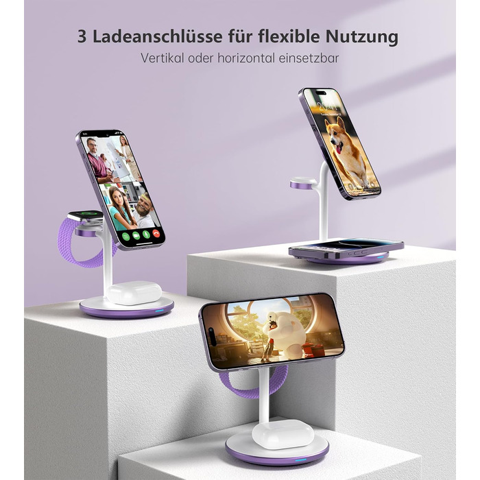 3-в-1 Бездротова Зарядка для Багатьох Пристроїв: iPhone, iWatch, AirPods (15W, MagSafe, Lila)