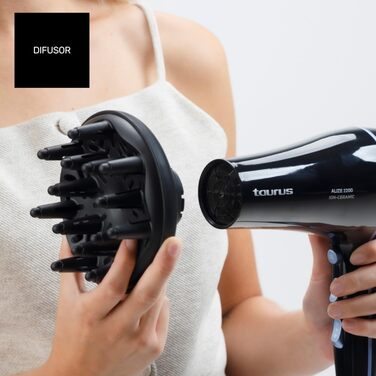 Фен Taurus Alize 2200 з іонізацією та керамічним покриттям | 6 режимів, холодний потік, концентратор та дифузор | Чорний