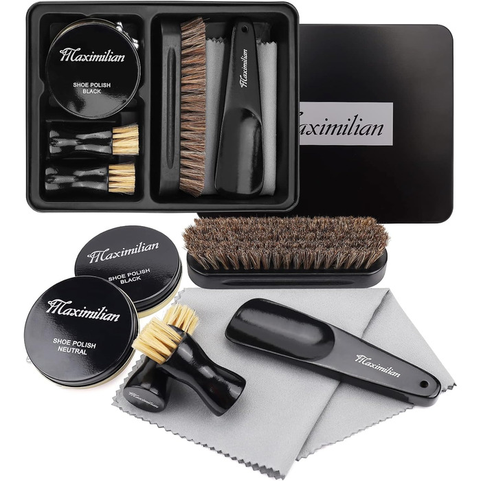 MAXIMILIAN shoe shine kits for leather, shoe care set with black and colorless shoe cream, 2 applicator brushes, soft horsehair brushes, shoehorn, cloth
