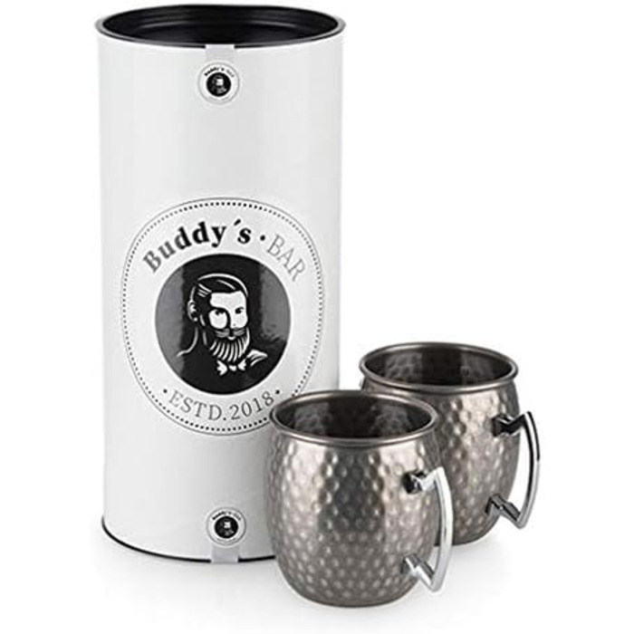 Набір для коктейлів Buddy's Bar Moscow Mule: 2 мідні келихи 500 мл, барна ложка 27 см, мірний стакан 5 cl, чорна преса для лайма, харчова нержавіюча сталь, подарункова упаковка