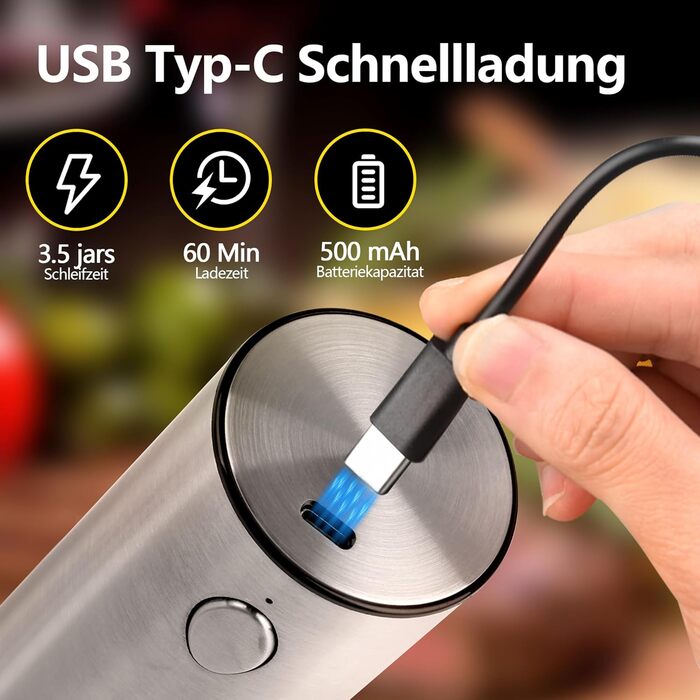 Електричний набір млинів для солі та перцю з підзарядкою, USB, регульований помел, керамічні жорна, ABS корпус (2 шт, нержавіюча сталь & чорний)