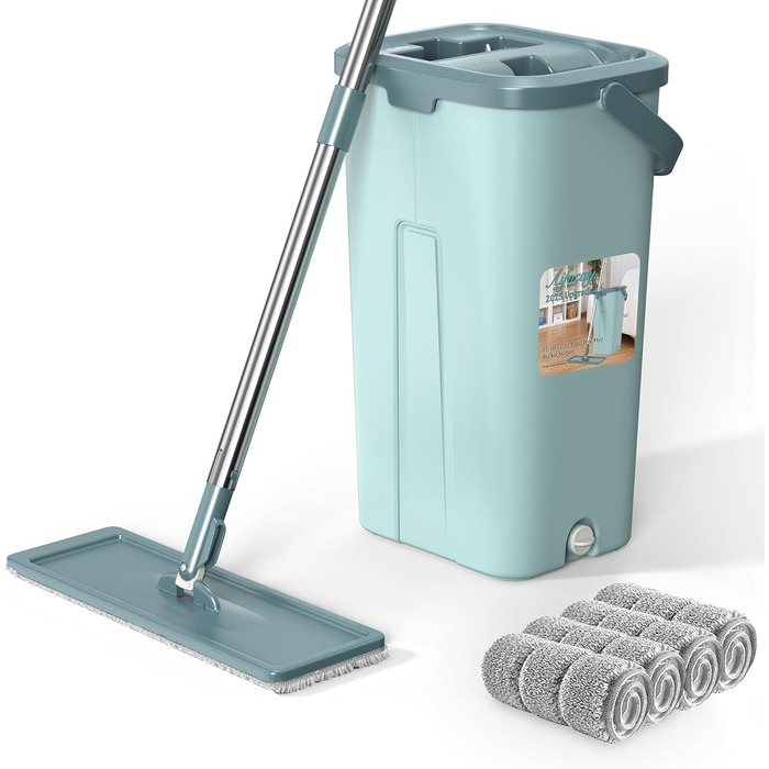 Швабра з відром Aifacay – покращена модель, безкоштовне натискання, гнучкий на 360° наконечник з 3 мікрофібровими накладками, подовжена ручка з нержавіючої сталі 150 см для миття підлоги