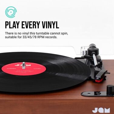 Програвач вінілу JAM з колонками Bluetooth – чорний (горіх) | 3 швидкості, пилозахисний ковпак, попередньо налаштований тонарм, засіб для чищення вінілу в комплекті