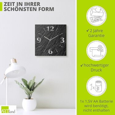 ARTLAND Wall Decor Wall Clock without Ticking Sounds Aluminum Quartz Clock 30x30 cm Square Silent Analog Quartz Clock, 4 Numbers 30x30 cm Slate Look U1RE