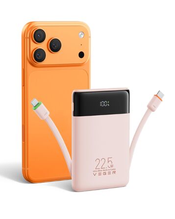 Повербанк VEGER 10000mAh 22.5W з вбудованим кабелем USB-C, рожевий