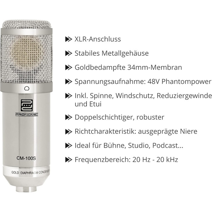 Pronomic CM-100S Студійний конденсаторний мікрофон XLR з поп-фільтром, павуком, кейсом та вітрозахистом, сріблястий