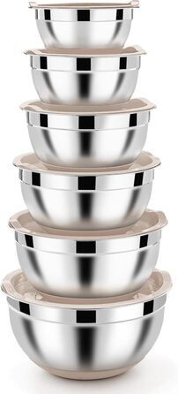 Homikit Mixing Bowl Set, Stainless Steel Bowl Salad Bowl 6-Piece Set with Airtight Lid & Khaki Silicone Bottom, Nesting, 4.6L/2.8L/2.5L/1.6L/1.2L/0.7L