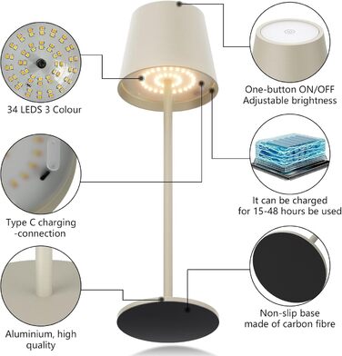 Aipsun: Бездротова LED-лампа настільна, акумуляторна, бежева, 6000mAh, регульоване світло (2700K-6000K), алюміній, IP54, вологостійка, для ресторану, спальні, бару, кемпінгу, 2 шт.