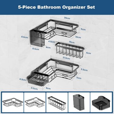 YEAUPE PRO Поличка для душу без свердління в кут – 5-елементний набір для ванної кімнати з 2 кутовими полицями, мильницею, тримачем для зубних щіток та кошиком, самоклеюча поличка на стіну, чорний кутовий кріплення