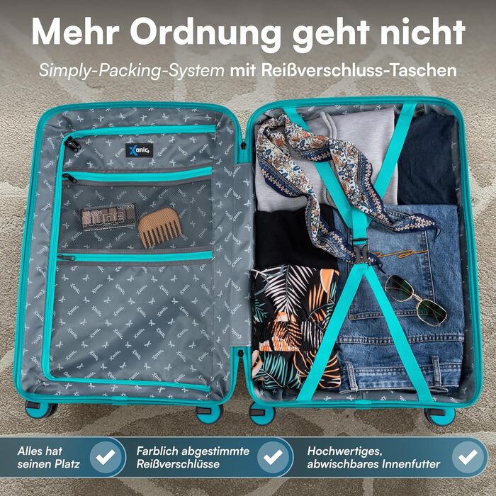 Xonic® Валіза з жорстким корпусом M, 40L - Міцна валіза на коліщатках з поліпропілену з подвійними колесами на 360° та TSA-замком - Чемодан для подорожей, м'ятно-зелений (М, 65л)