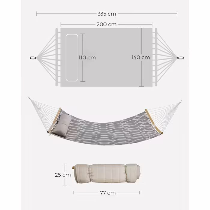 SONGMICS Hammock, Padded, Quilted, with Detachable Curved Bamboo Poles, with Headrest, 200 x 140 cm, Supports up to 225 kg, Gray and Beige Diamond Pattern GDC034G02
