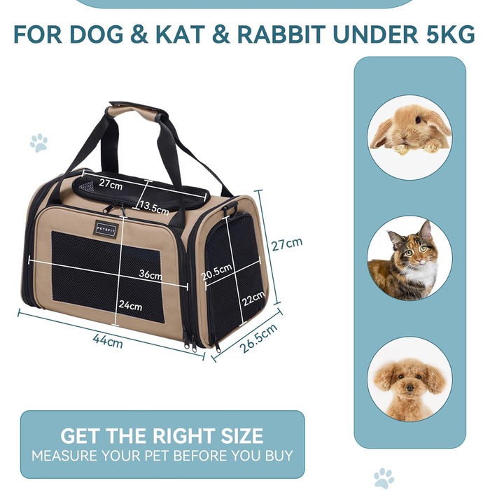 Транспортна переноска для котів та маленьких собак Petsfit, легка сумка-переноска для собак та котів, підходить для подорожей літаком, з ременем безпеки та розширеним килимком, S/Khaki