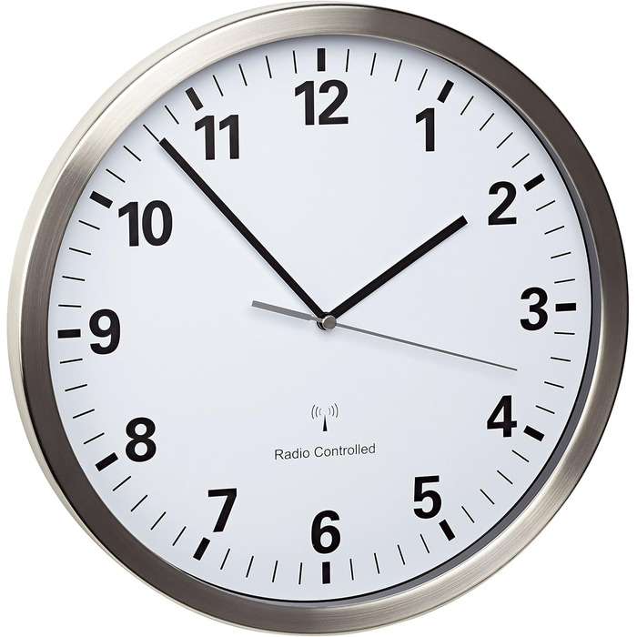 TFA Dostmann Analog Wall Clock Radio, with Stainless Steel Frame, Large, 30cm Diameter, White, 60.3523