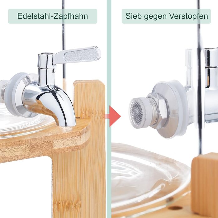 Диспенсер для напоїв Relaxdays, 5 літрів, холодні та гарячі напої, бамбуковий підставник, термометр, посудина для пуншу, прозорий/натуральний