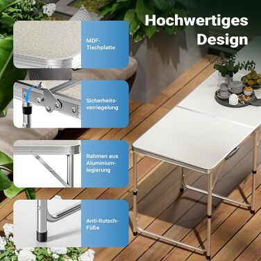 Складаний туристичний стіл 180x60x70 см з регулюванням висоти, алюмінієвий каркас, стільниця МДФ, багатофункціональний, для кемпінгу, саду, дачі