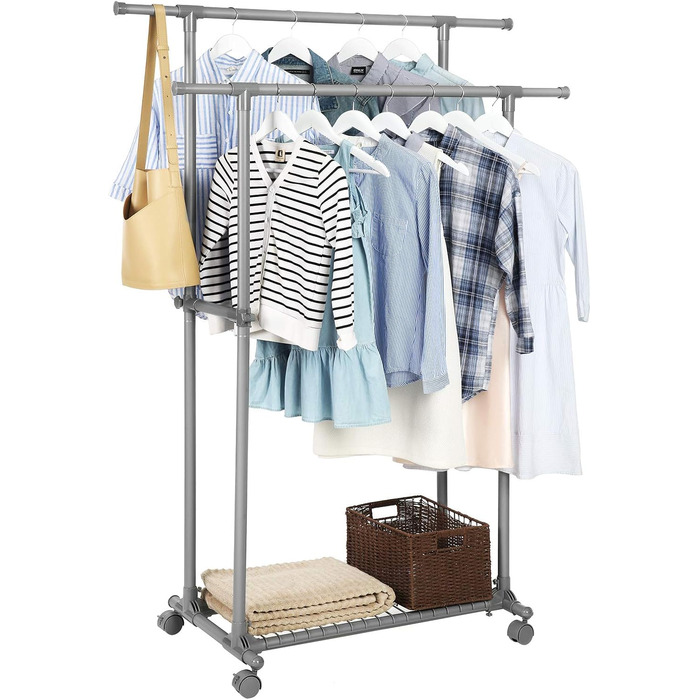 SONGMICS Clothes Rack with Double Rod, Clothes Stand, Mobile, Extendable between 87 and 150 cm, with Wheels and Storage Shelf, Load Capacity 70 kg, for Coats, Scarves, Grey, LLR13GY