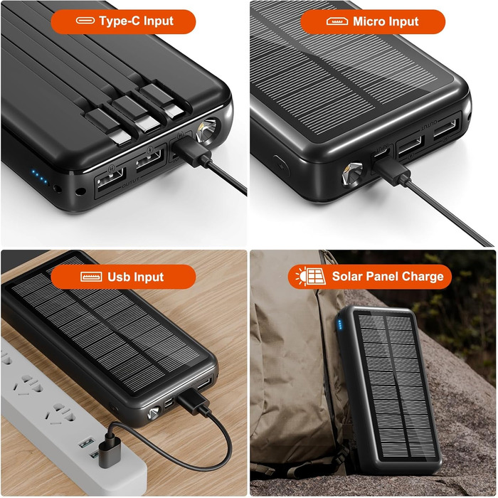 Сонячний павербанк 48000 мАг з 3 кабелями, сонячна панель з 3 виходами та 2 входами, швидка зарядка QC22.5 та PD USB-C 20W для телефонів, планшетів, кемпінгу, подорожей, активного відпочинку