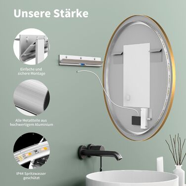 Дзеркало для ванної кімнати HOKO ULM 60см з підсвічуванням LED, антизапотівачем та сенсорним вимикачем, кругле, золото (60x60 см)