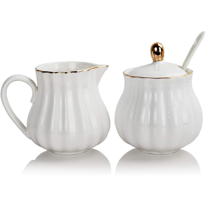 Sweejar Home Royal Ceramic Sugar and Creamer Set, 3-Piece Set with Cream Pitcher, Sugar Bowl, Sugar Set with Lid and Spoon, Coffee Service, Wedding Gift (White, New)