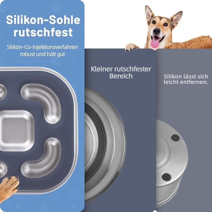 Миска для собак Anti Schling Napf з нержавіючої сталі 304, з силіконовим дном, для маленьких та середніх собак, 23*23*4.5 см