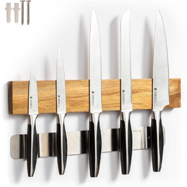 Coninx Magnetic Knife Strip Wood 40cm | Kitchen Knife, Magnetic Knife Holder with Extra Strong Magnet | Magnetic Knife Block, Stainless Steel Cladded Acacia Wood | Magnetic Strip Wall Mounting