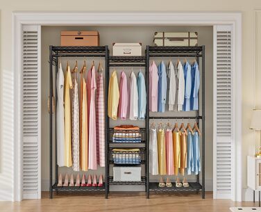 Heavy-Duty Clothes Rack, Garment Rod, Wardrobe, Freestanding Clothes Rail with Height-Adjustable Shelves and Storage Baskets, Load Capacity up to 320 kg, White (Black)