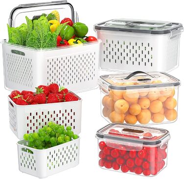 4-Pack Refrigerator Organizer – Vegetable Storage & Organization, stackable with strainer, lid and handle for the kitchen – Fridge Organizer for refrigerator storage