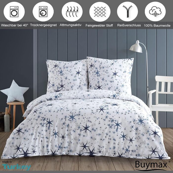 Комплект постільної білизни Buymax® 135x200 100% бавовна, 4-х частинний: простирадло, підковдра, 2 наволочки 80x80 см, Zigo Türkis (зірки), сертифікат ÖKO-TEX