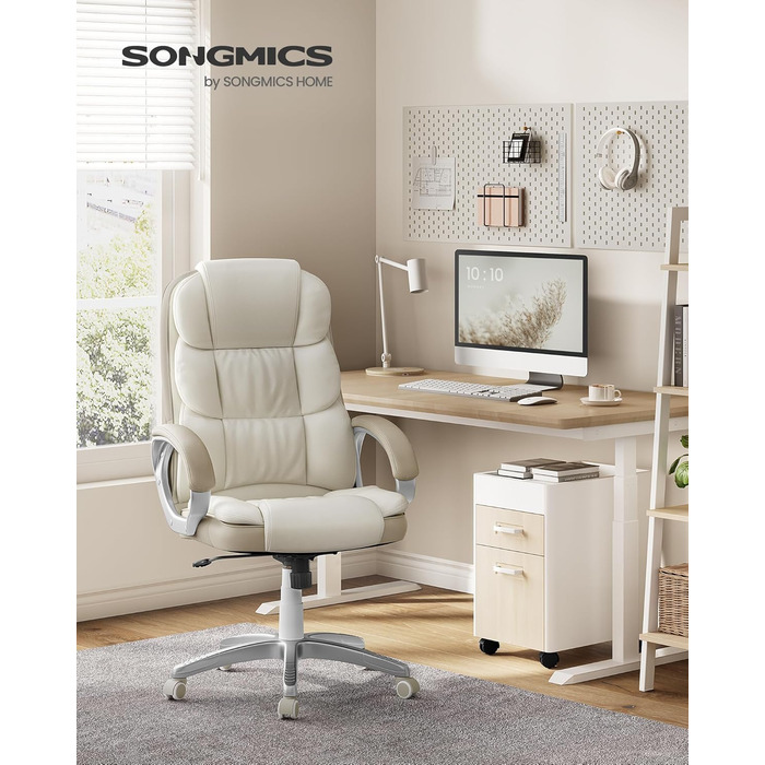 Крісло офісне SONGMICS для офісу та дому, крісло для комп'ютера, регулювання висоти сидіння, оббивка, OBG22B (кремовий, 53 x 51 x (112-122) см)