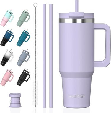 Термокружка WATERSY 1.2л з 2 трубочками, виготовлена з нержавіючої сталі, з витіканням, для кави та напоїв To Go, вакуумна ізоляція, без BPA, з кришкою, що закручується, охолоджує до 12 годин, ретро-дизайн, зелений/фіолетовий