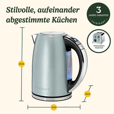 Електричний чайник Cuisinart Multi-Temp з регулюванням температури, 1.7 л, нержавіюча сталь, зелений, знімний фільтр