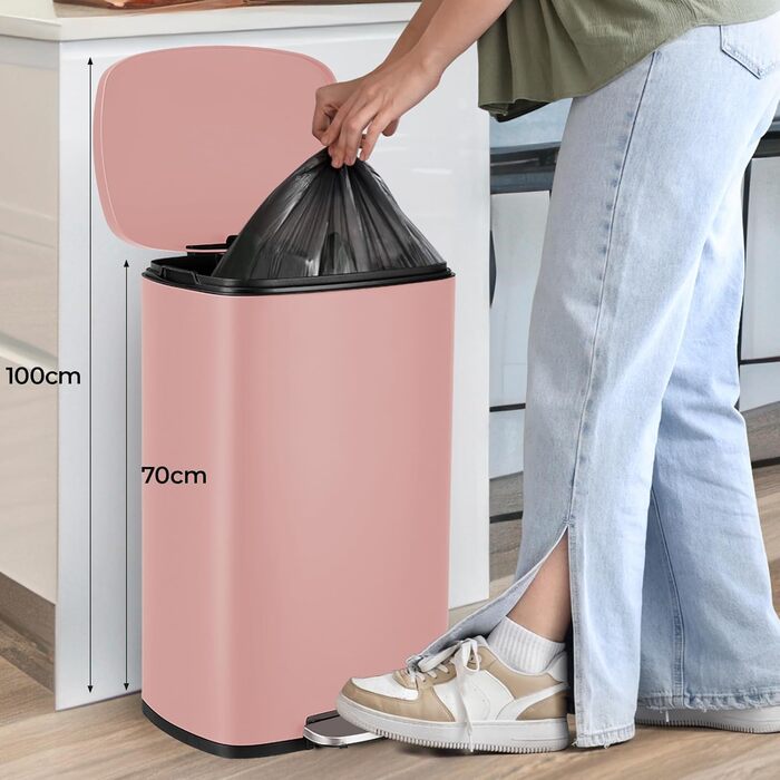 Відро для сміття LIFERUN 30л з кришкою, м'яким закриттям, з внутрішнім відром, сталеве, для кухні, ванної кімнати, офісу, рожеве