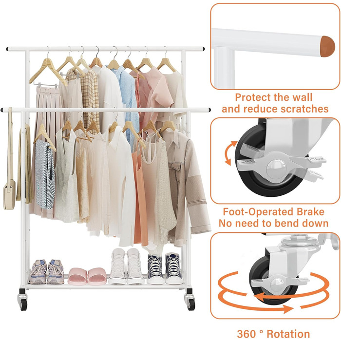 Підвісна штанга для одягу Calmootey з подвійною перекладиною, мобільна, для спальні, вітальні, магазину одягу, біла