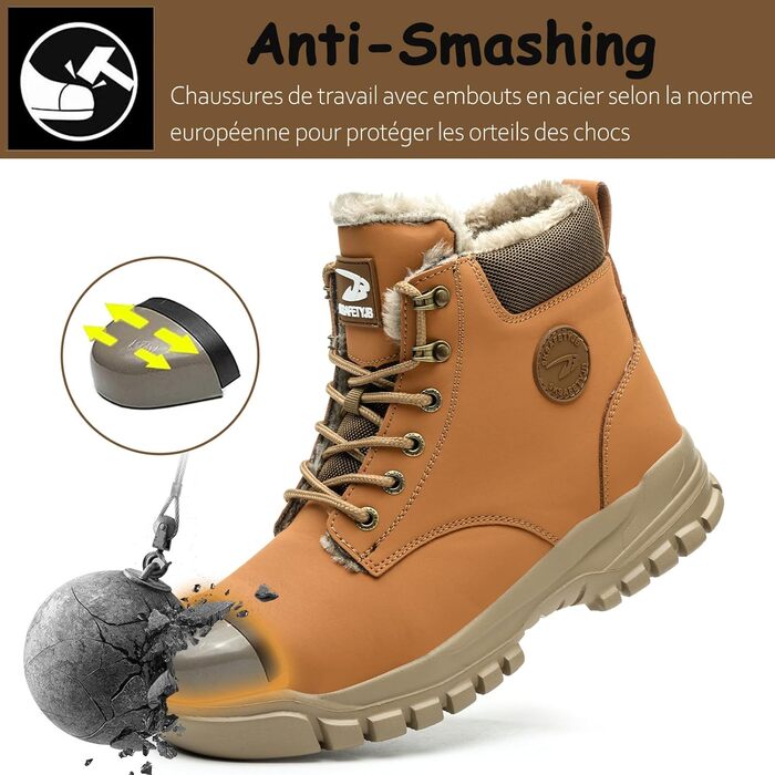 Зимові робочі черевики для чоловіків та жінок. Водонепроникні, з металевим підноском, легкі, теплі, антиковзаючі. Розмір 41 EU, Колір: Коричневий