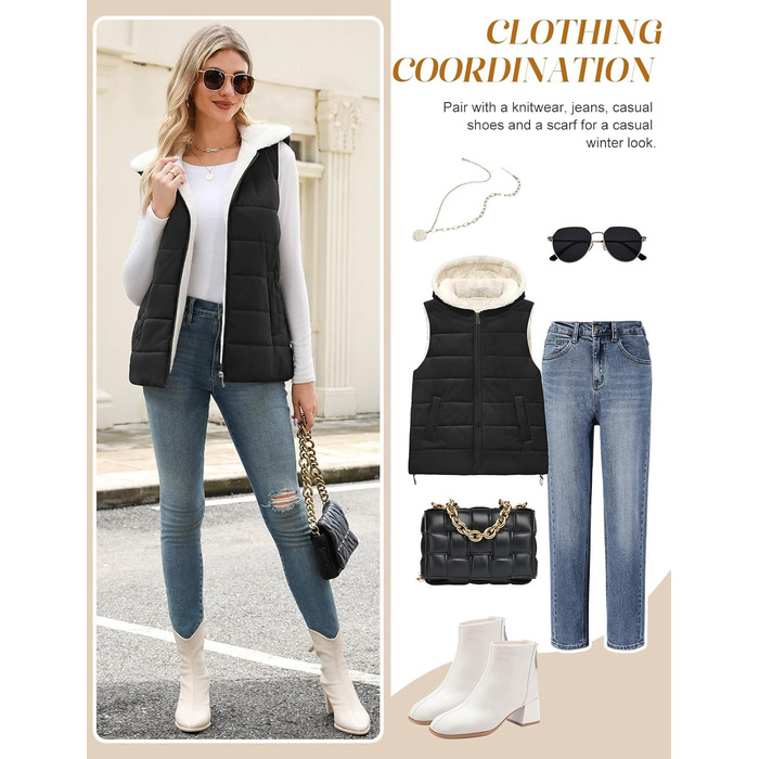 Жіноча флісова жилетка CMTOP з капюшоном, тепла стеганая жилетка, безрукавна куртка, легка термо жилетка, зручна, м'яка, чорна, XXL