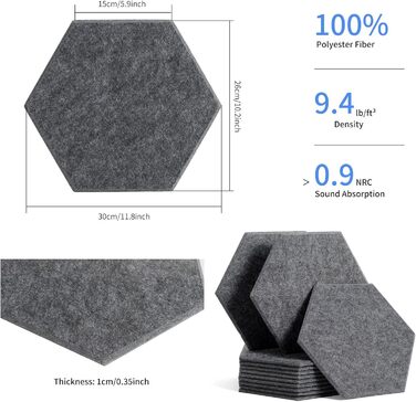 Акустичні гексагональні панелі Rdutuok для звукоізоляції, 12 шт, 30x26x1 см, шумопоглинаючі стінові панелі для студії, офісу та декору (темно-сірі)